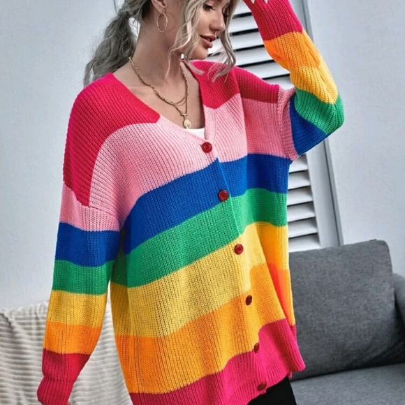 Button Front Drop Shoulder Rainbow Stripe Cardigan - Picture 3 of 7